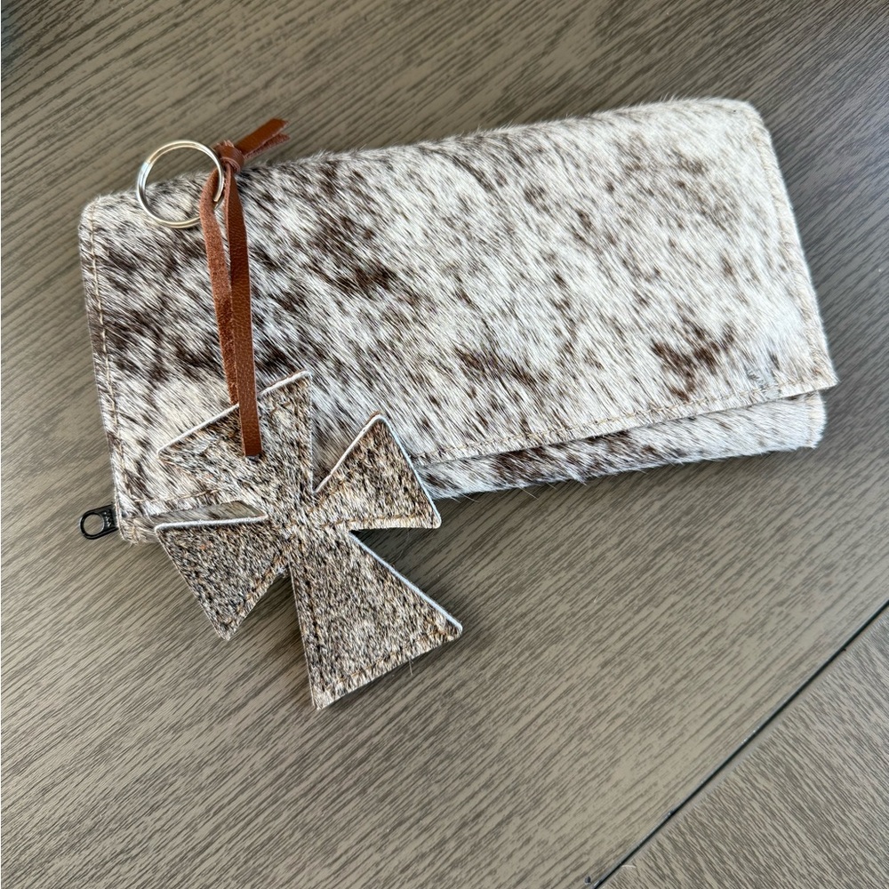 HCC - Brown and White Specs Cowhide Wallet with Cross Charm